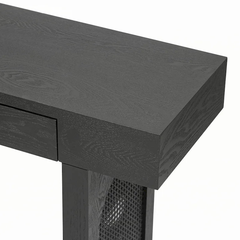 Mesa consola estrecha con detalle de ratán y 2 cajones – Negro antiguo