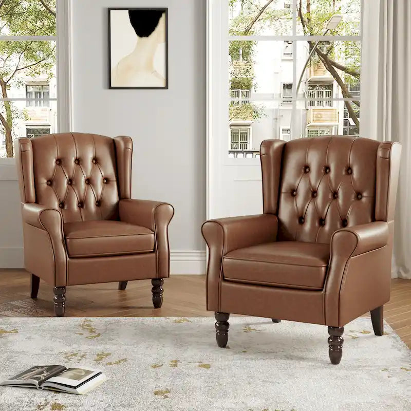 Juego de 2 sillones decorativos tapizados en piel vegana con botones