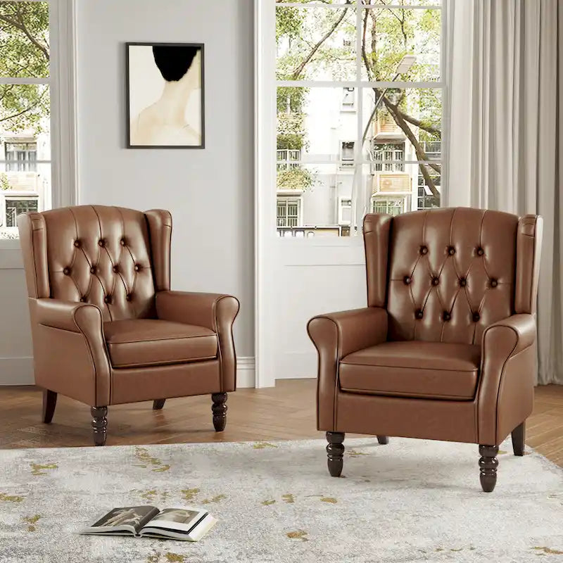 Juego de 2 sillones decorativos tapizados en piel vegana con botones