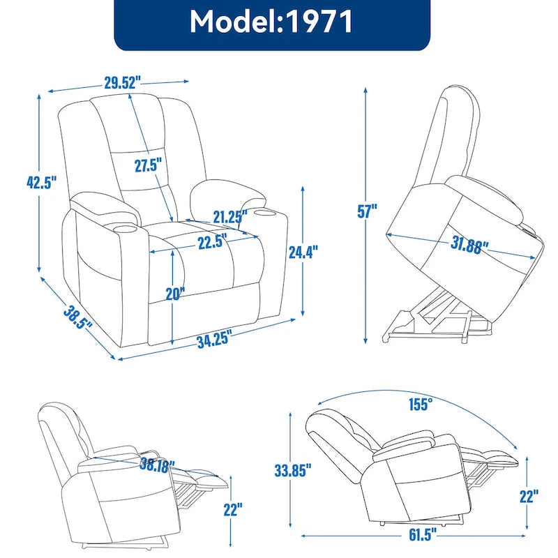 Sillón reclinable Power Lift con masaje, calor y puertos USB