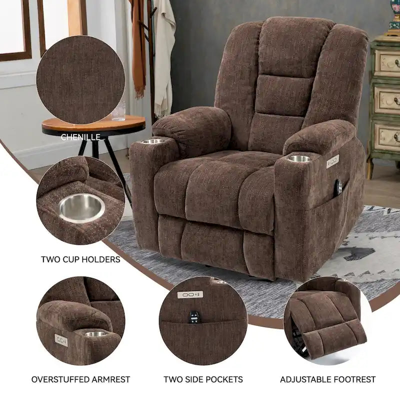 Sillón reclinable Power Lift con masaje, calor y puertos USB