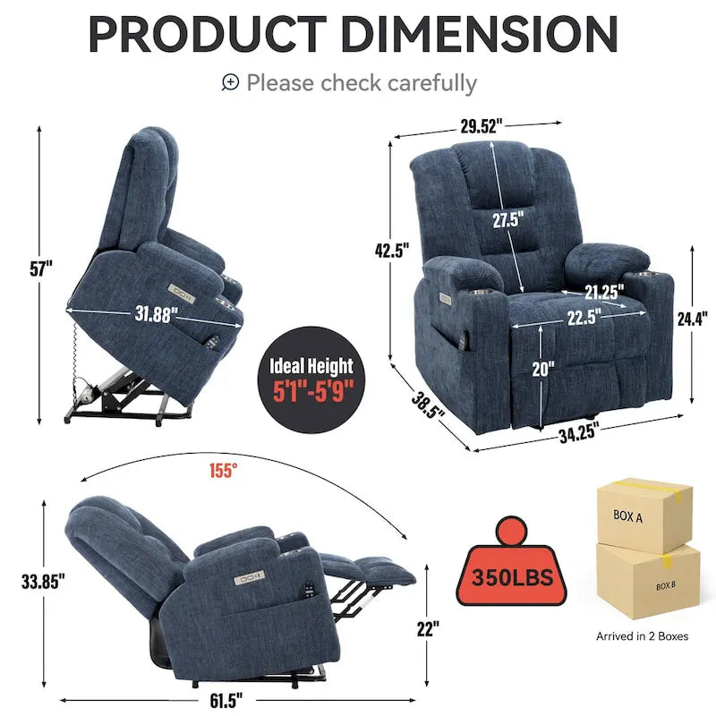 Sillón reclinable Power Lift con masaje, calor y puertos USB