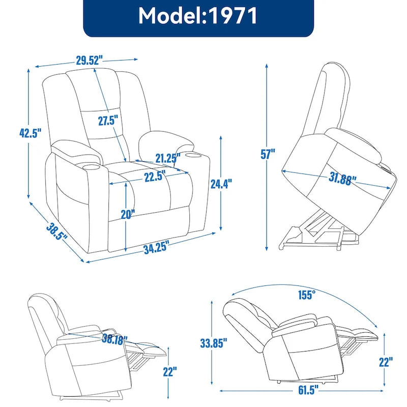 Sillón reclinable Power Lift con masaje, calor y puertos USB