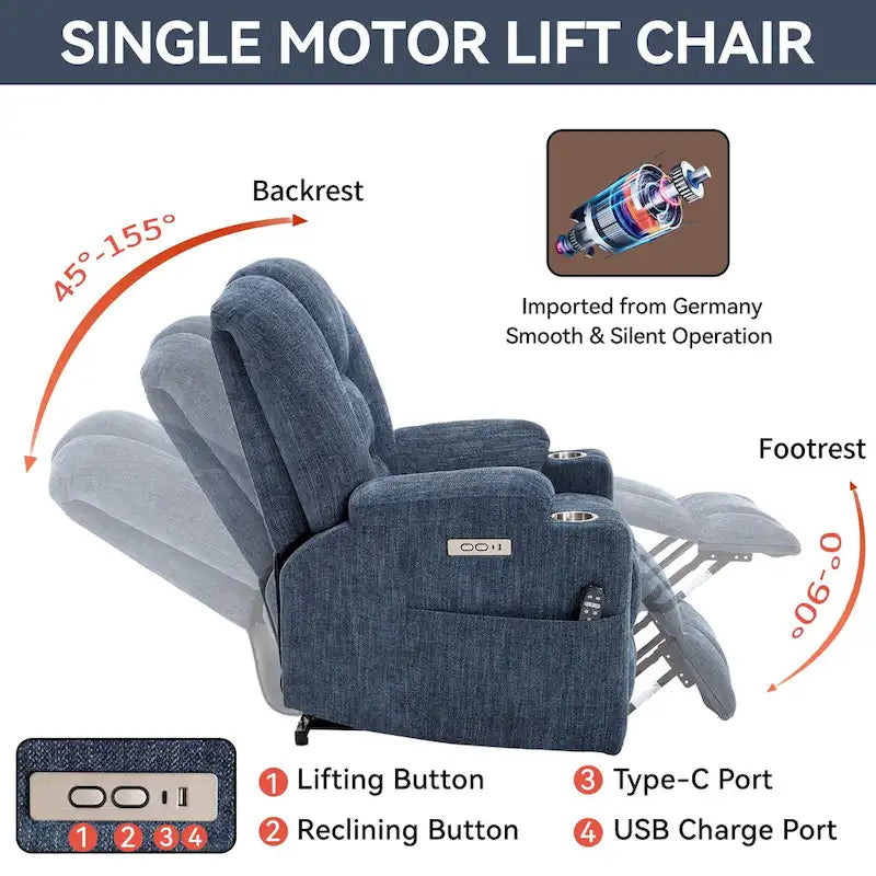 Sillón reclinable Power Lift con masaje, calor y puertos USB