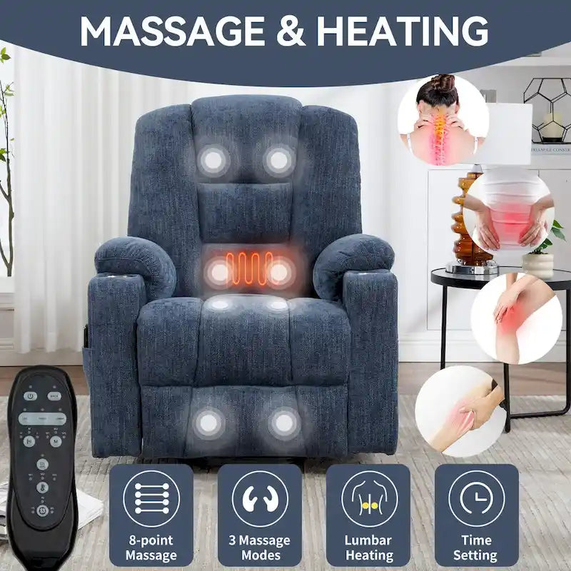 Sillón reclinable Power Lift con masaje, calor y puertos USB