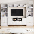 Unidad de pared de entretenimiento de 112.5" con 13 estantes, 8 cajones y 2 gabinetes para televisores de hasta 70"