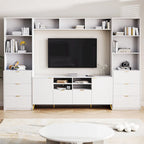 Unidad de pared de entretenimiento de 112.5" con 13 estantes, 8 cajones y 2 gabinetes para televisores de hasta 70"