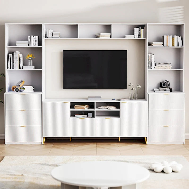 Unidad de pared de entretenimiento de 112.5" con 13 estantes, 8 cajones y 2 gabinetes para televisores de hasta 70"