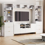 Unidad de pared de entretenimiento de 112.5" con 13 estantes, 8 cajones y 2 gabinetes para televisores de hasta 70"