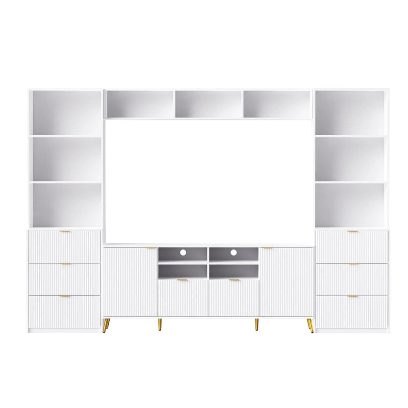 Unidad de pared de entretenimiento de 112.5" con 13 estantes, 8 cajones y 2 gabinetes para televisores de hasta 70"
