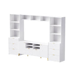 Unidad de pared de entretenimiento de 112.5" con 13 estantes, 8 cajones y 2 gabinetes para televisores de hasta 70"