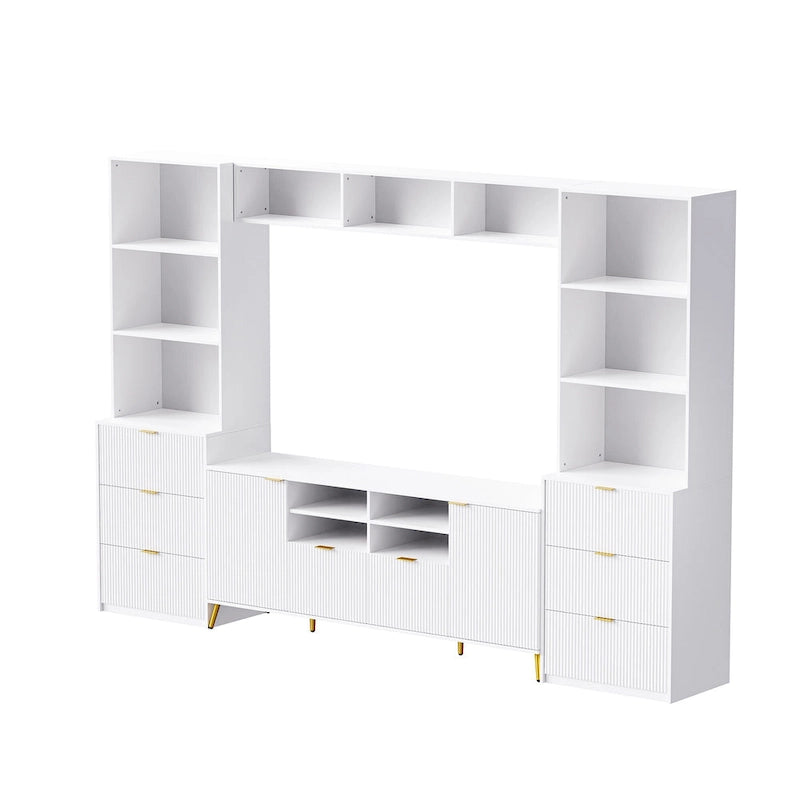 Unidad de pared de entretenimiento de 112.5" con 13 estantes, 8 cajones y 2 gabinetes para televisores de hasta 70"