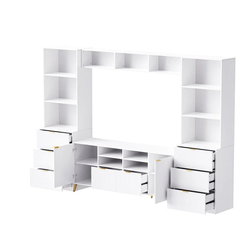 Unidad de pared de entretenimiento de 112.5" con 13 estantes, 8 cajones y 2 gabinetes para televisores de hasta 70"