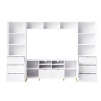 Unidad de pared de entretenimiento de 112.5" con 13 estantes, 8 cajones y 2 gabinetes para televisores de hasta 70"