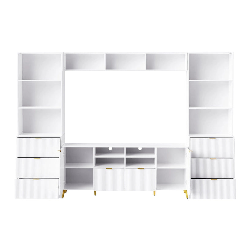 Unidad de pared de entretenimiento de 112.5" con 13 estantes, 8 cajones y 2 gabinetes para televisores de hasta 70"