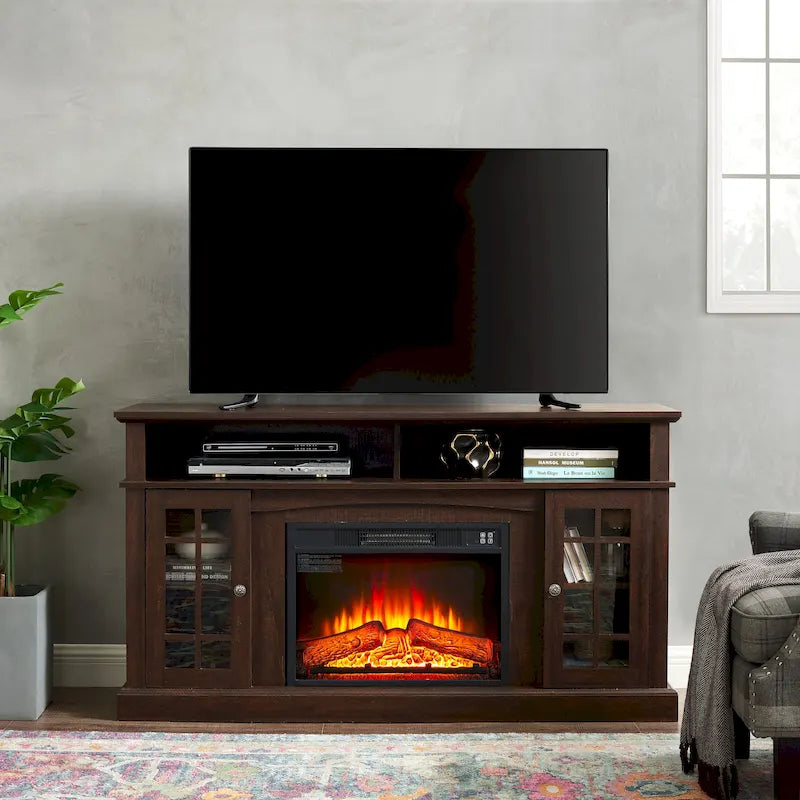 Mueble de TV de 58" con chimenea eléctrica y almacenamiento abierto y cerrado para televisores de hasta 65"