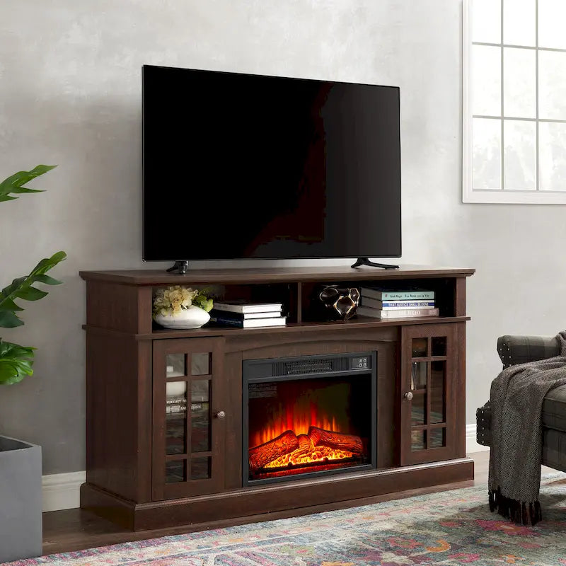 Mueble de TV de 58" con chimenea eléctrica y almacenamiento abierto y cerrado para televisores de hasta 65"