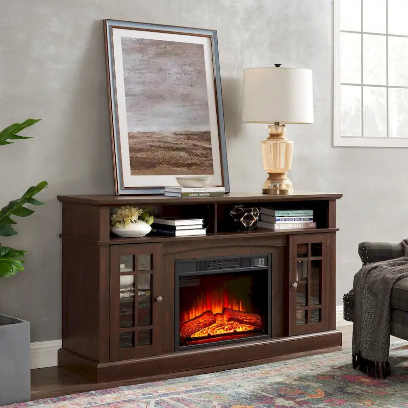 Mueble de TV de 58" con chimenea eléctrica y almacenamiento abierto y cerrado para televisores de hasta 65"