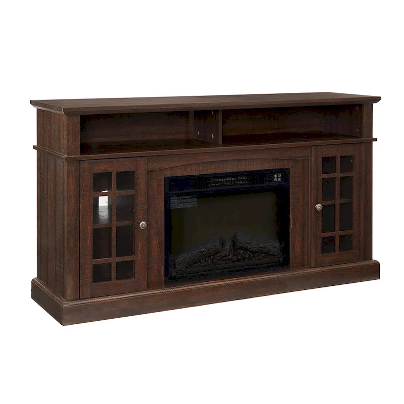 Mueble de TV de 58" con chimenea eléctrica y almacenamiento abierto y cerrado para televisores de hasta 65"