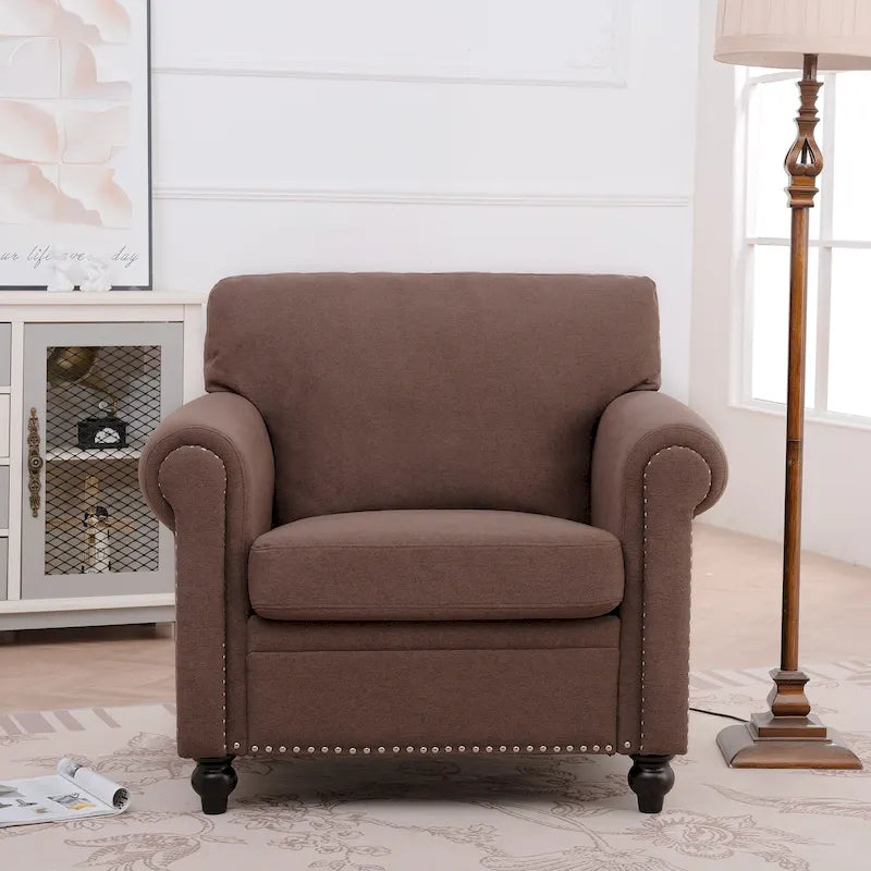 Sillón decorativo marrón con adornos de tachuelas, 37.4"