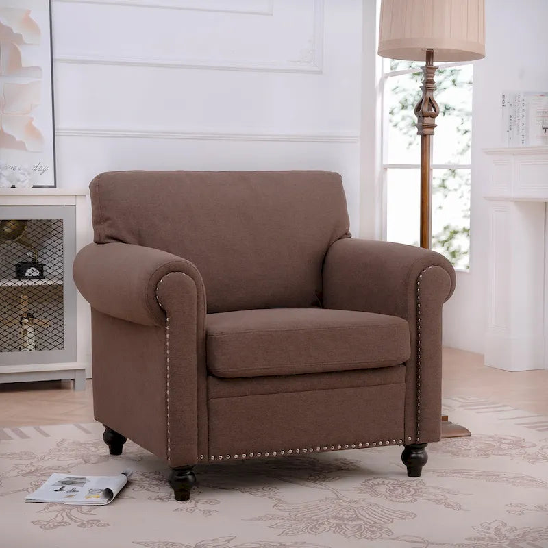 Sillón decorativo marrón con adornos de tachuelas, 37.4"