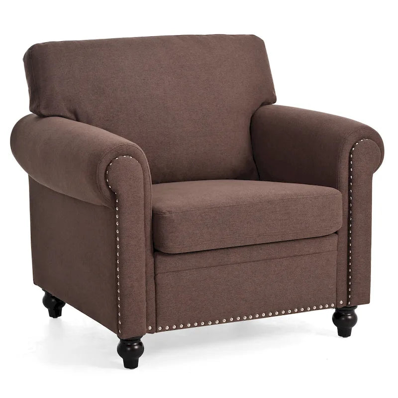 Sillón decorativo marrón con adornos de tachuelas, 37.4"
