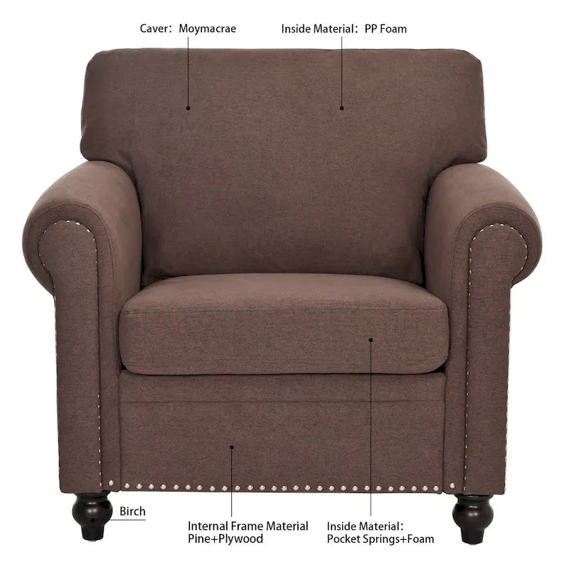Sillón decorativo marrón con adornos de tachuelas, 37.4"