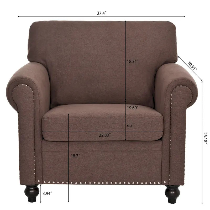 Sillón decorativo marrón con adornos de tachuelas, 37.4"