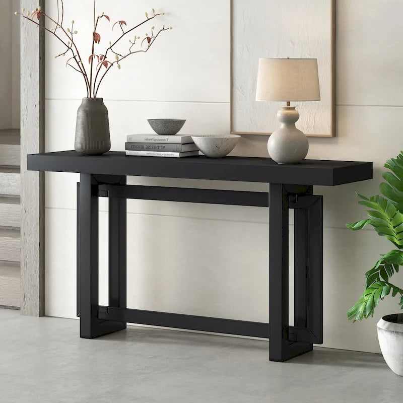 Mesa consola de 59 pulgadas con patas de madera maciza y estante inferior