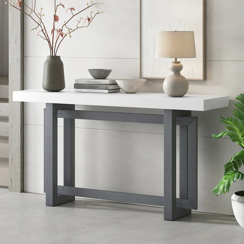 Mesa consola de 59 pulgadas con patas de madera maciza y estante inferior