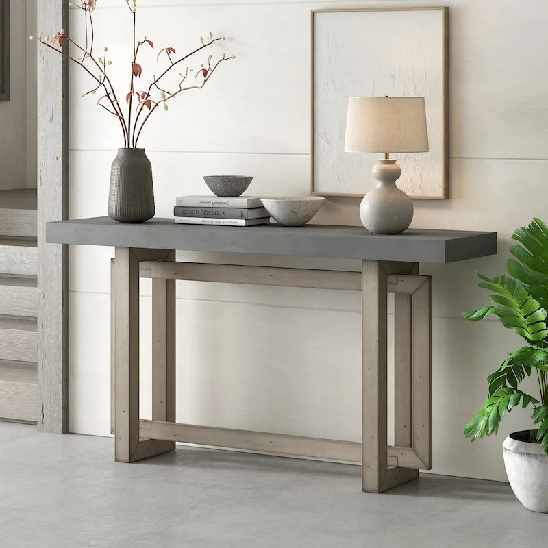Mesa consola de 59 pulgadas con patas de madera maciza y estante inferior