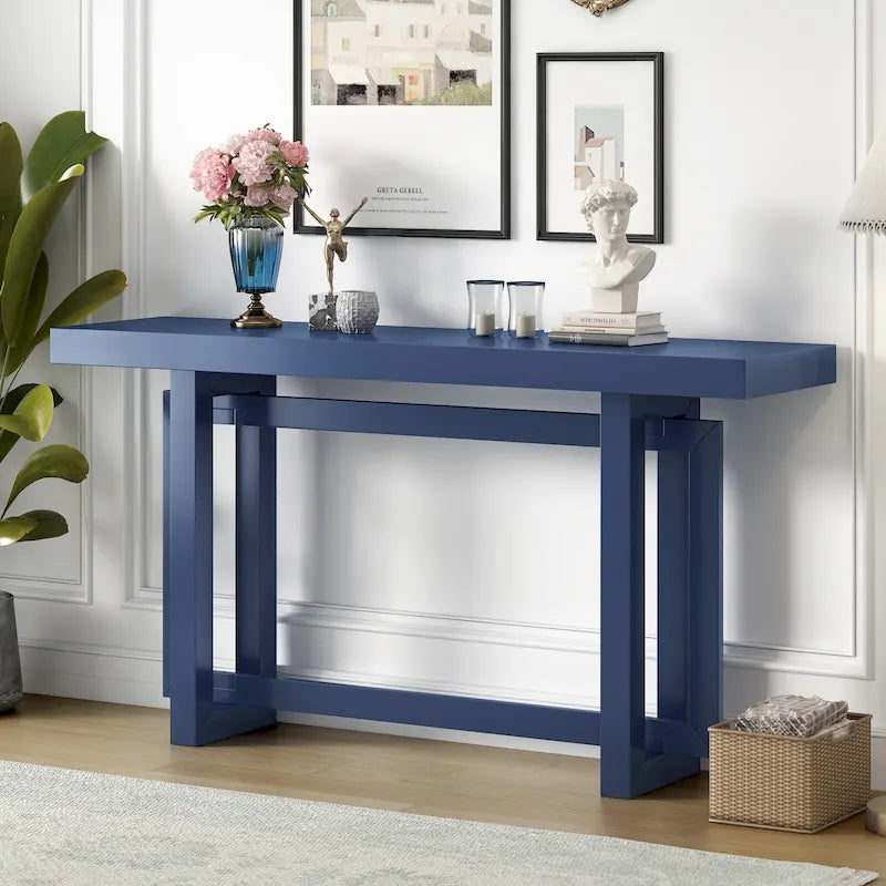 Mesa consola de 59 pulgadas con patas de madera maciza y estante inferior