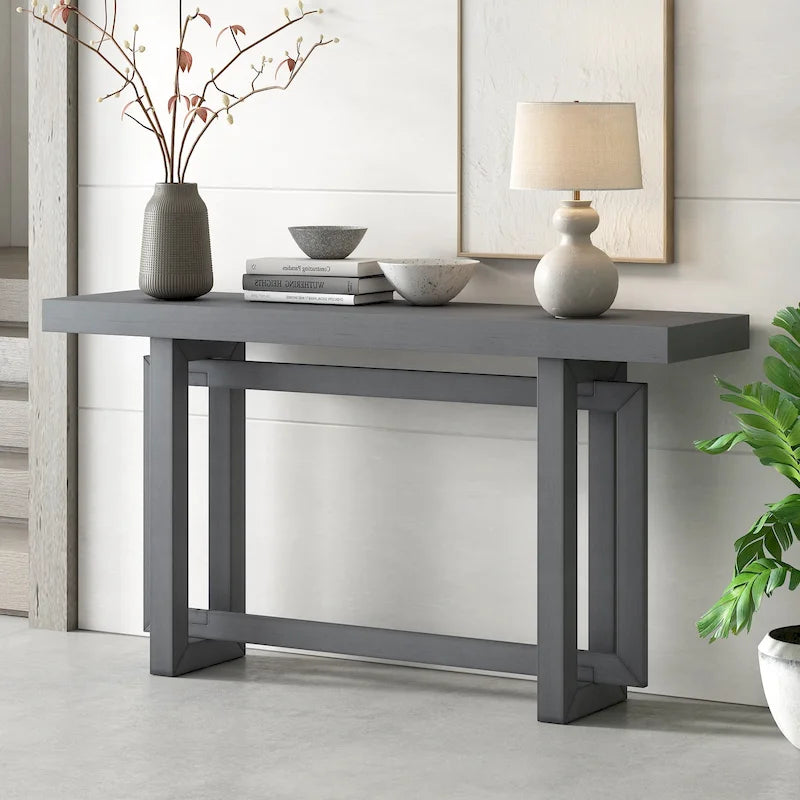 Mesa consola de 59 pulgadas con patas de madera maciza y estante inferior