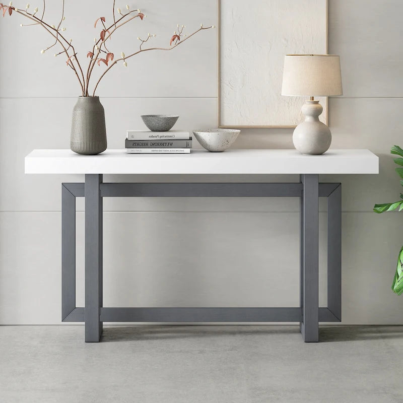 Mesa consola de 59 pulgadas con patas de madera maciza y estante inferior