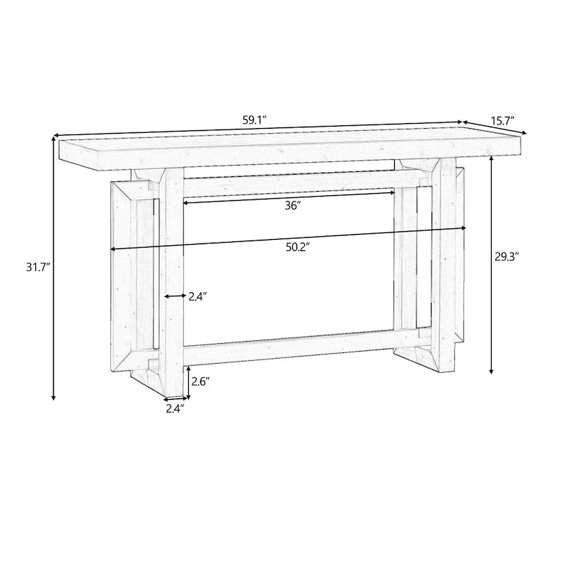 Mesa consola de 59 pulgadas con patas de madera maciza y estante inferior