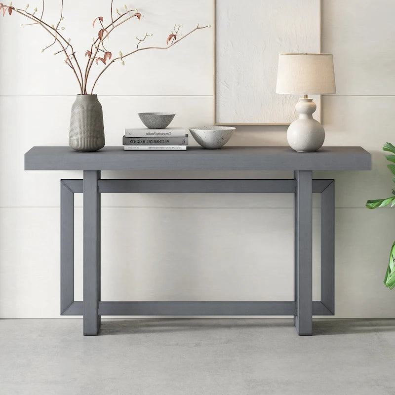 Mesa consola de 59 pulgadas con patas de madera maciza y estante inferior