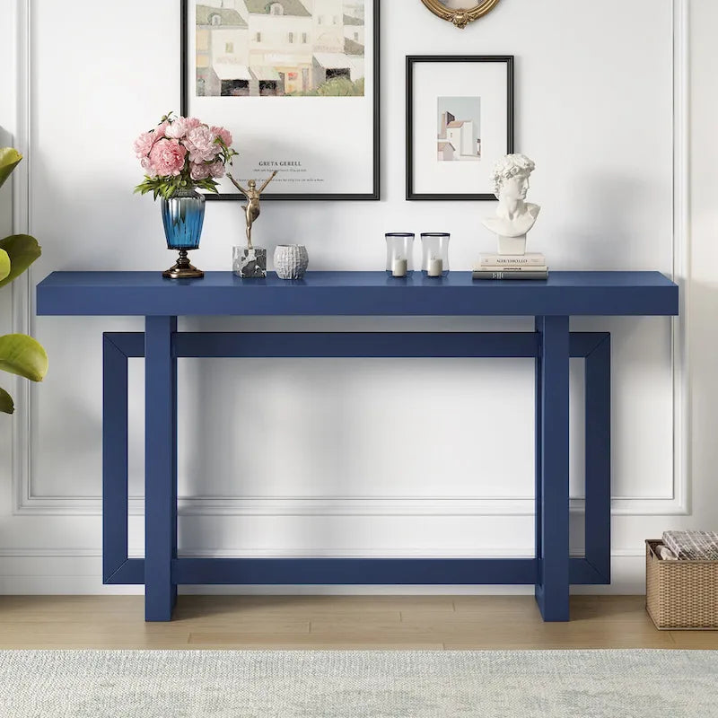 Mesa consola de 59 pulgadas con patas de madera maciza y estante inferior