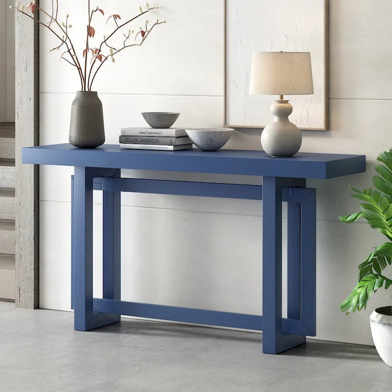 Mesa consola de 59 pulgadas con patas de madera maciza y estante inferior