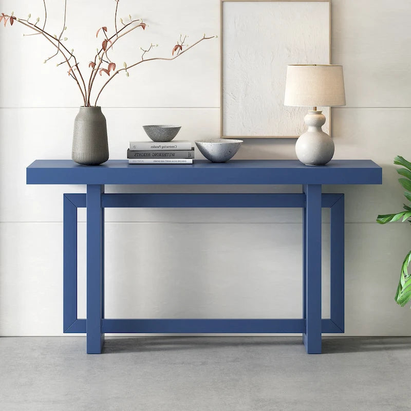 Mesa consola de 59 pulgadas con patas de madera maciza y estante inferior