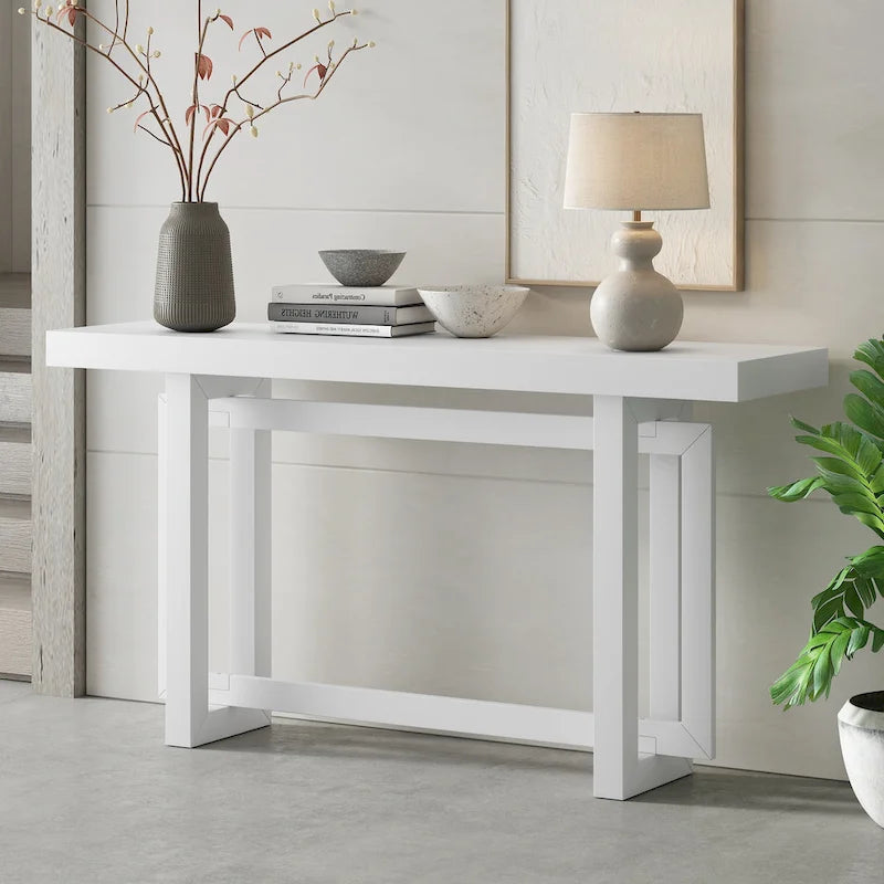 Mesa consola de 59 pulgadas con patas de madera maciza y estante inferior