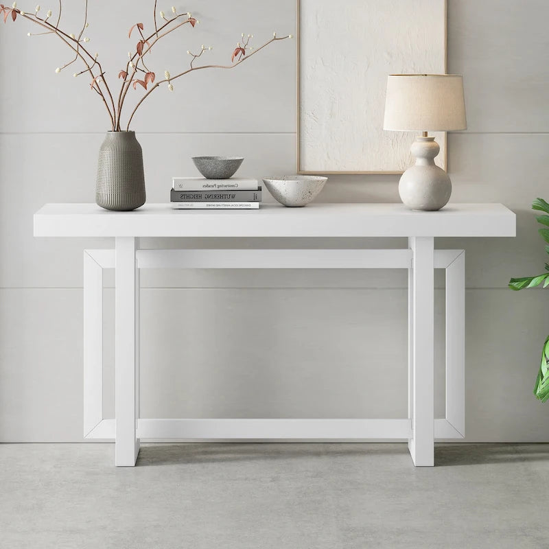 Mesa consola de 59 pulgadas con patas de madera maciza y estante inferior