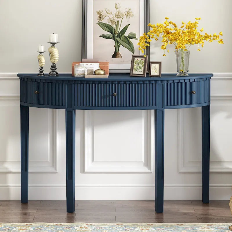 Mesa consola curva moderna con frentes de cajón de rayas verticales para recibidor, pasillo y sala de estar