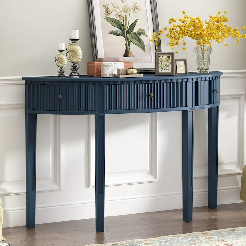 Mesa consola curva moderna con frentes de cajón de rayas verticales para recibidor, pasillo y sala de estar