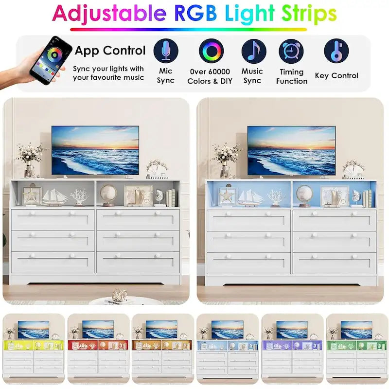 Cómoda de 6 cajones con luz LED y toma de corriente integrada