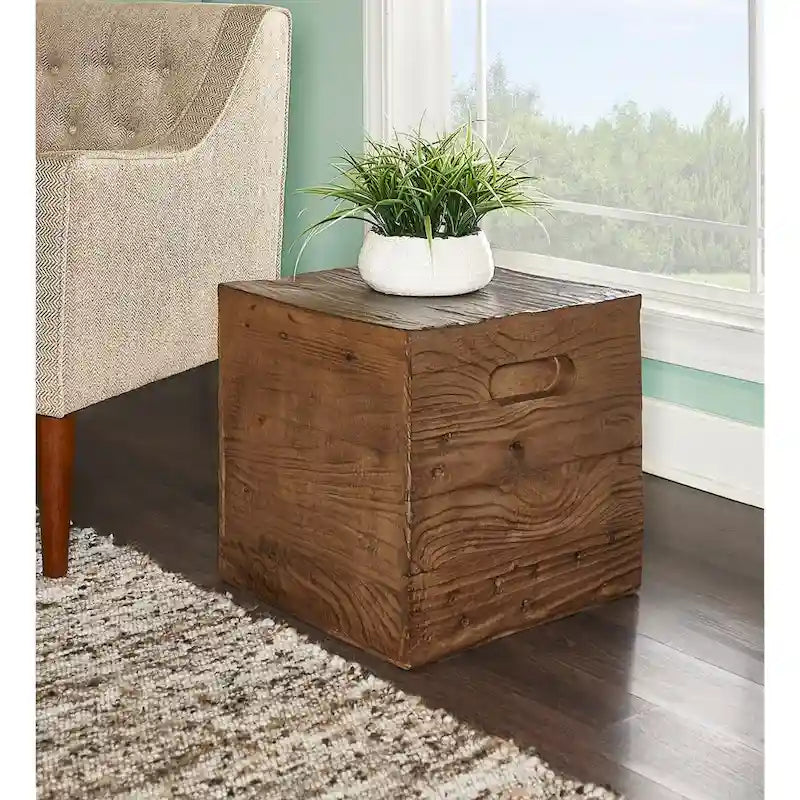 Mesa auxiliar tipo caja de madera rústica cuadrada