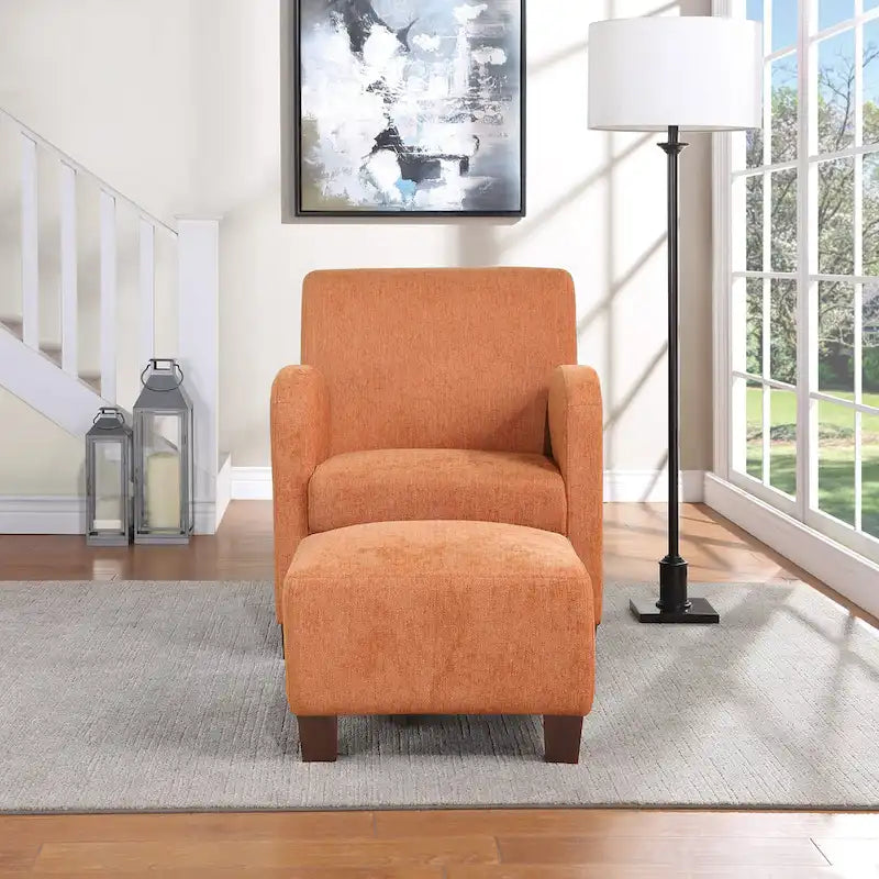 Sillón tipo lounge naranja con tapizado de espiga y patas espresso medianas
