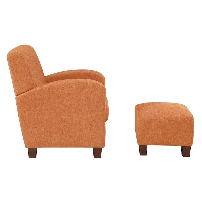 Sillón tipo lounge naranja con tapizado de espiga y patas espresso medianas