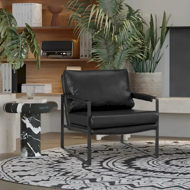 Sillón tapizado en piel sintética moderna con estructura de acero
