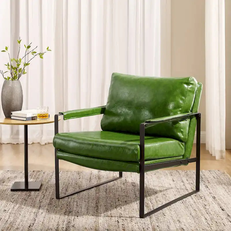 Sillón tapizado en piel sintética moderna con estructura de acero