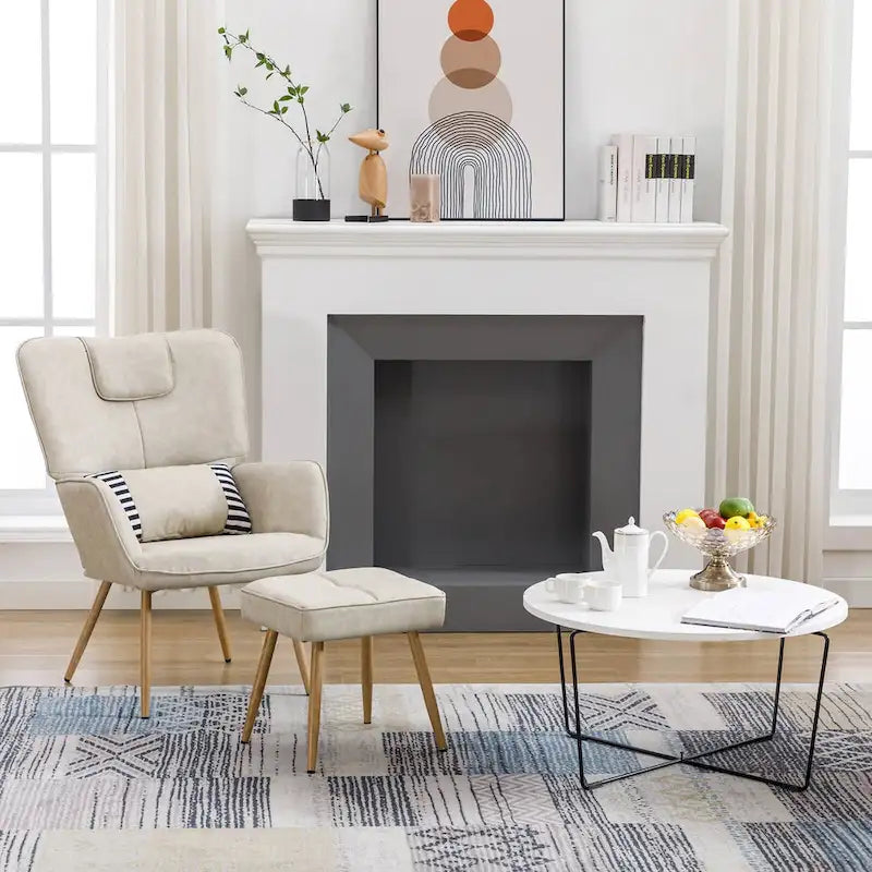 Silla decorativa con respaldo alado de piel sintética para sala de estar